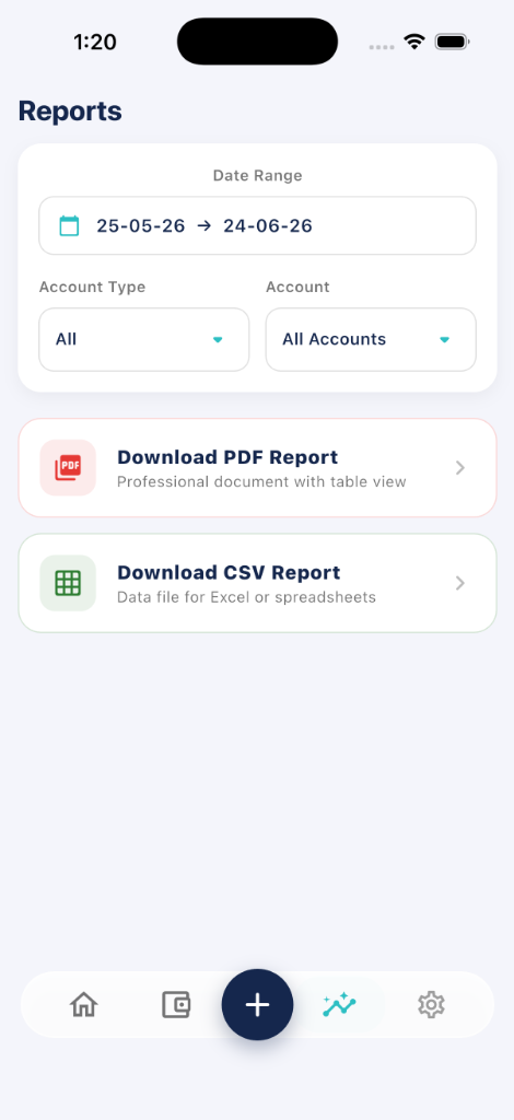 Reports Export screen